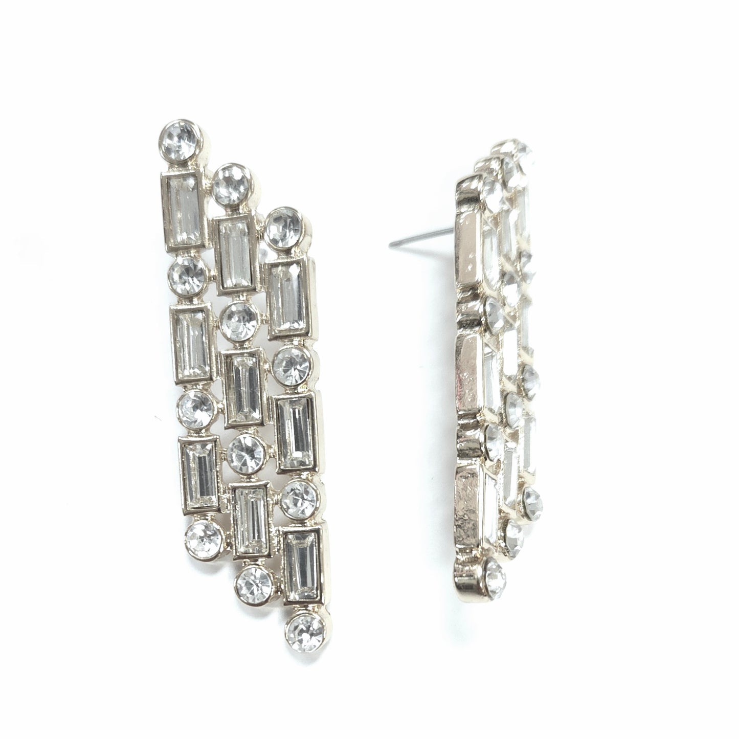 Silver hoop earrings with gemstone-like stones on a white background