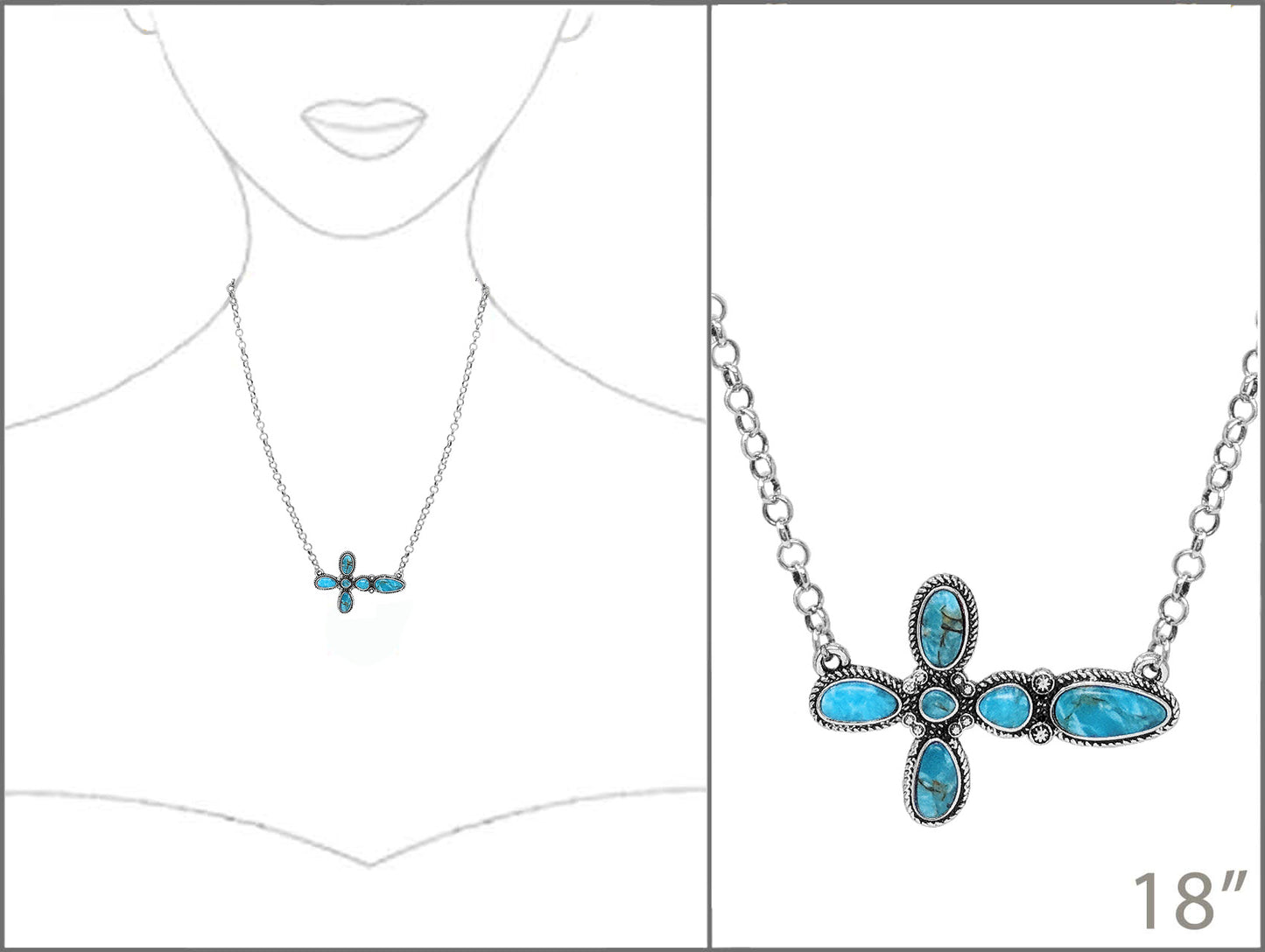 Turquoise cross necklace on a white background with measurement label