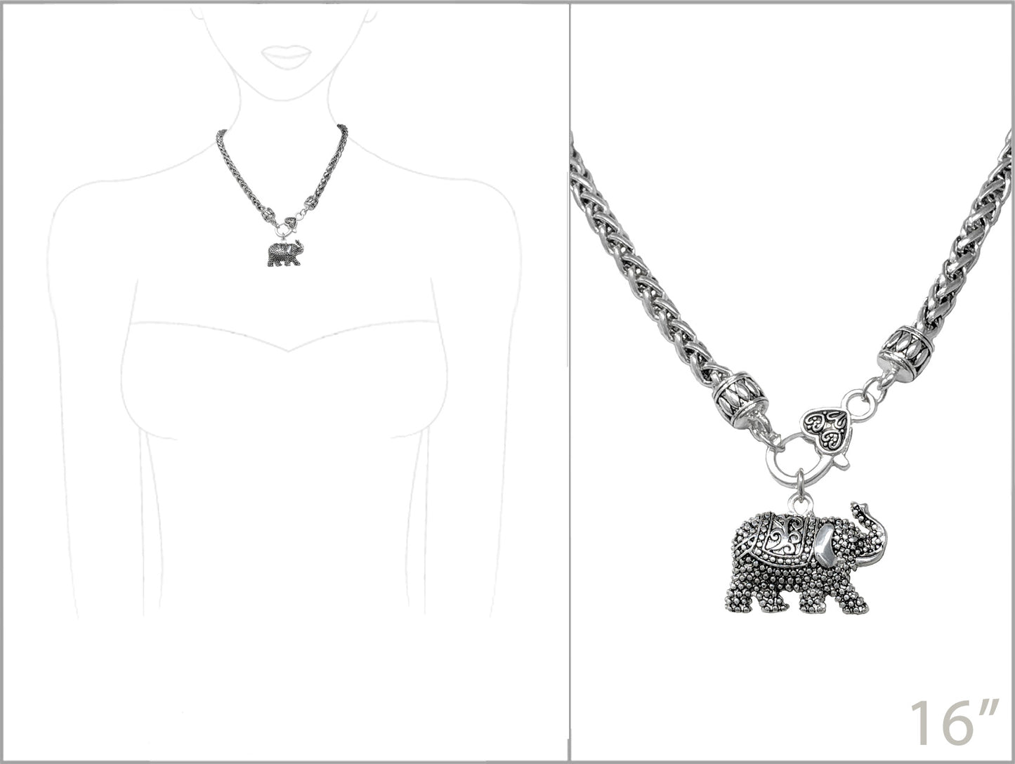 Silver necklace with elephant pendant on a white background