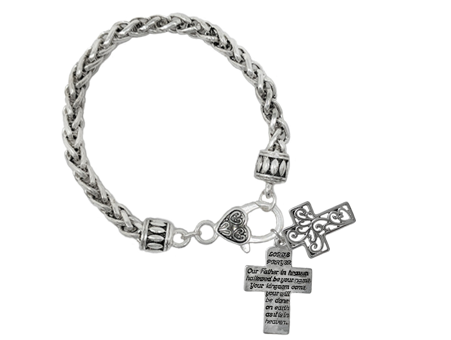 Silver-tone chain bracelet featuring ornate cross charms, engraved scripture-inspired message charm, and decorative toggle closure.