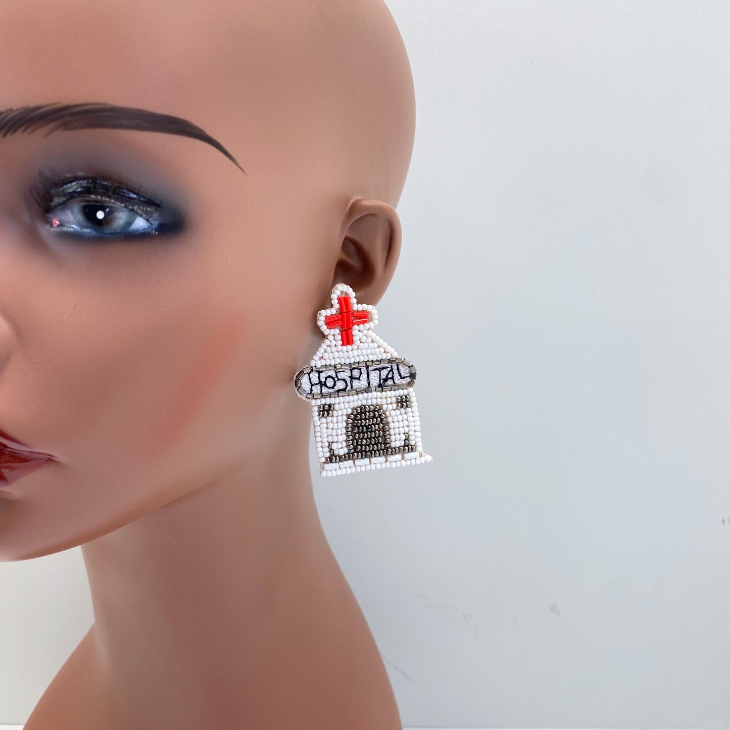 E0716 AE5499 Beads Deco White Hospital Design Drop Post earrings
