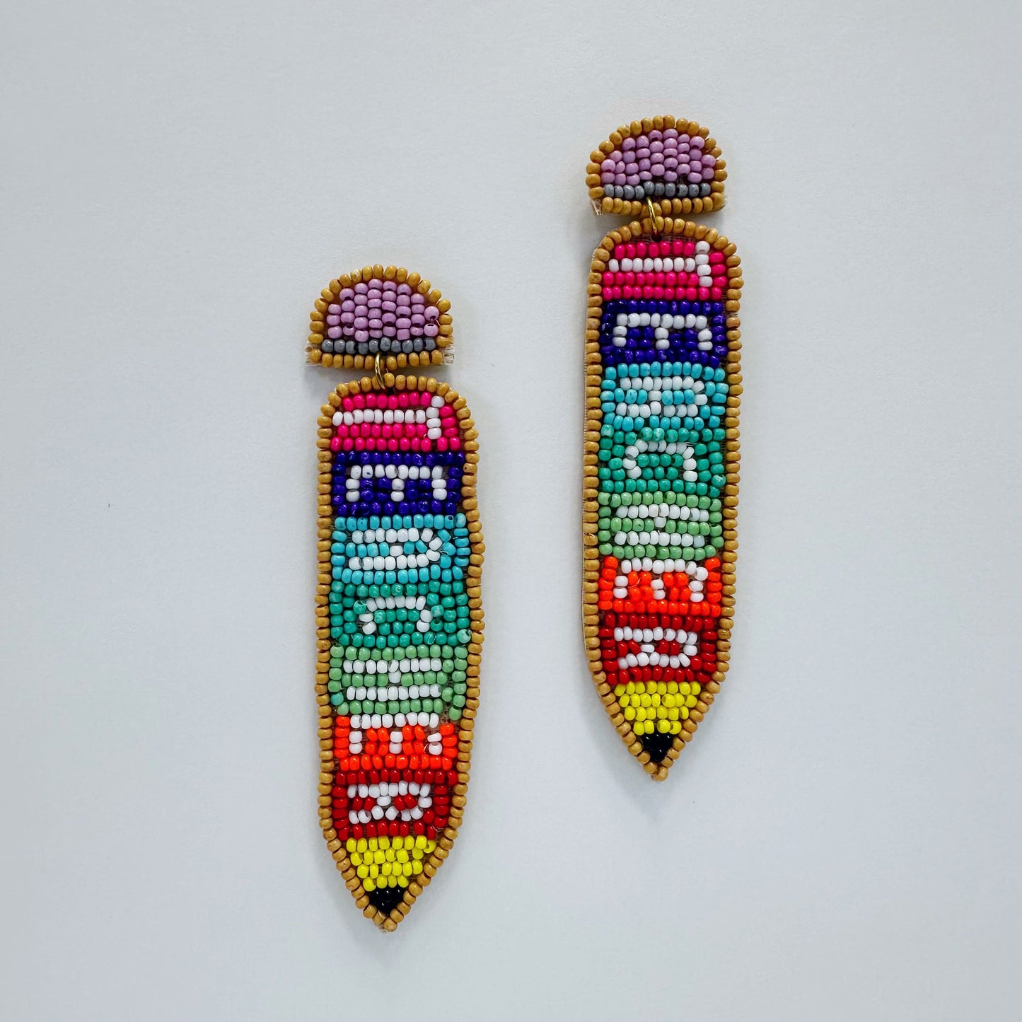 E0887 AE6289 Beaded Word TEACHER Pencil Shape Drop Dangle Post Earrings