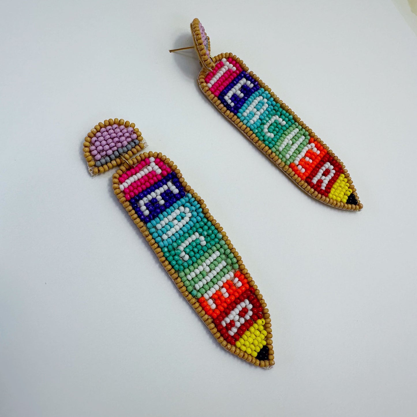 E0887 AE6289 Beaded Word TEACHER Pencil Shape Drop Dangle Post Earrings