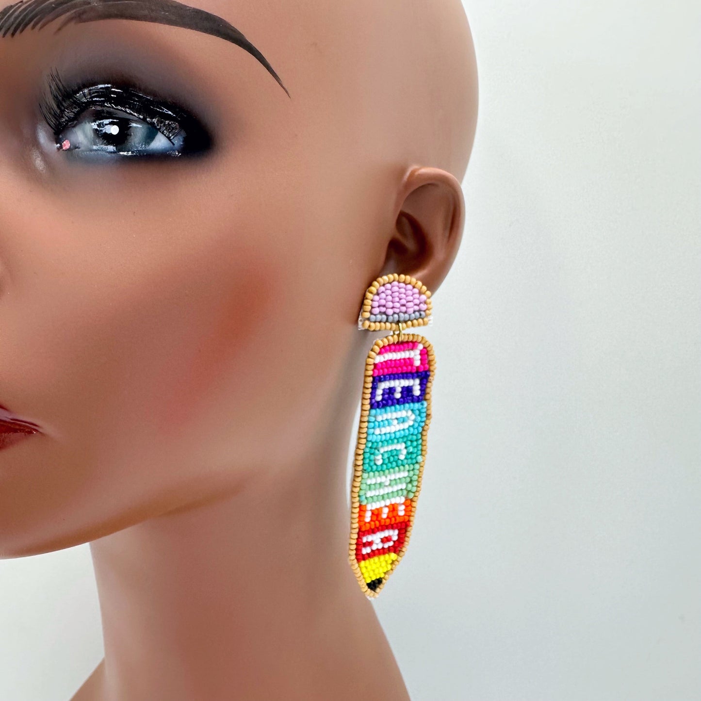 E0887 AE6289 Beaded Word TEACHER Pencil Shape Drop Dangle Post Earrings