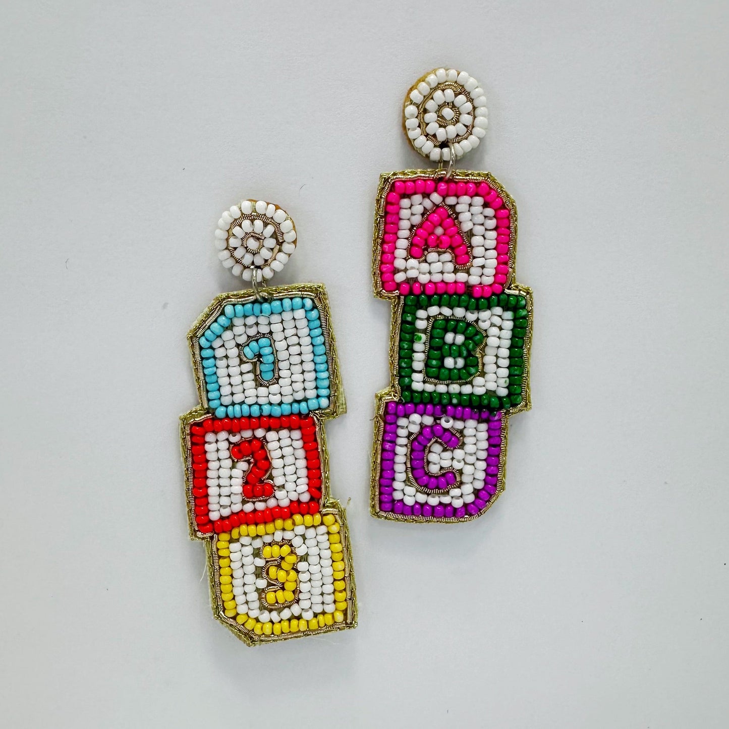 E0886 AE6270 Beaded 123, ABC Shape Drop Dangle Post Earrings
