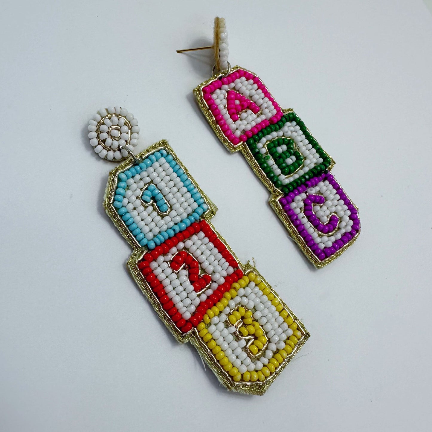 E0886 AE6270 Beaded 123, ABC Shape Drop Dangle Post Earrings