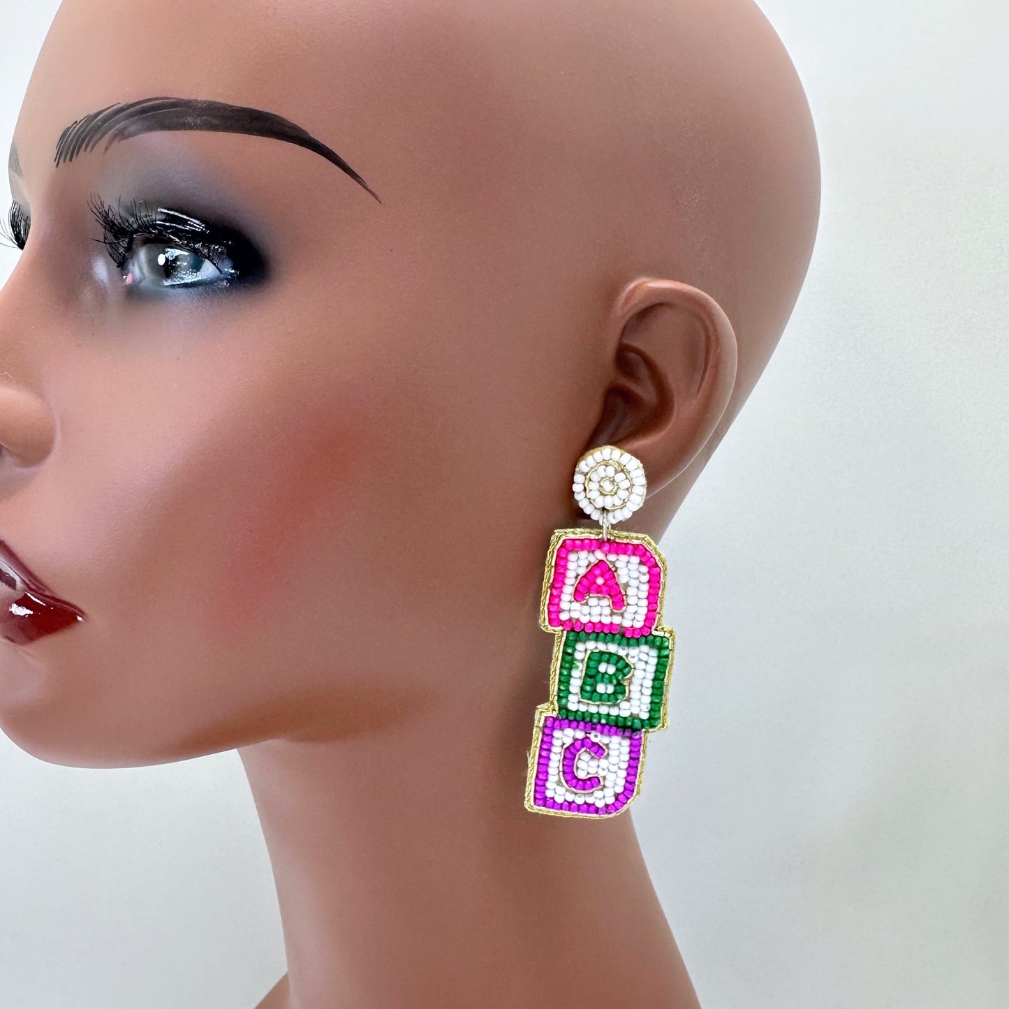 E0886 AE6270 Beaded 123, ABC Shape Drop Dangle Post Earrings