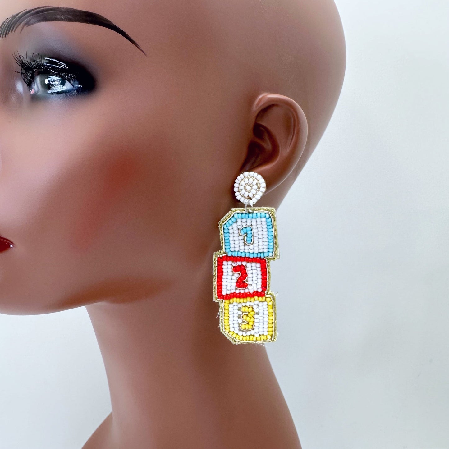 E0886 AE6270 Beaded 123, ABC Shape Drop Dangle Post Earrings