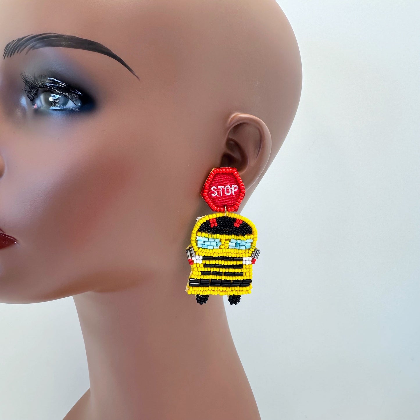 E0888 Bead School Bus Design Drop Dangle Post Earrings