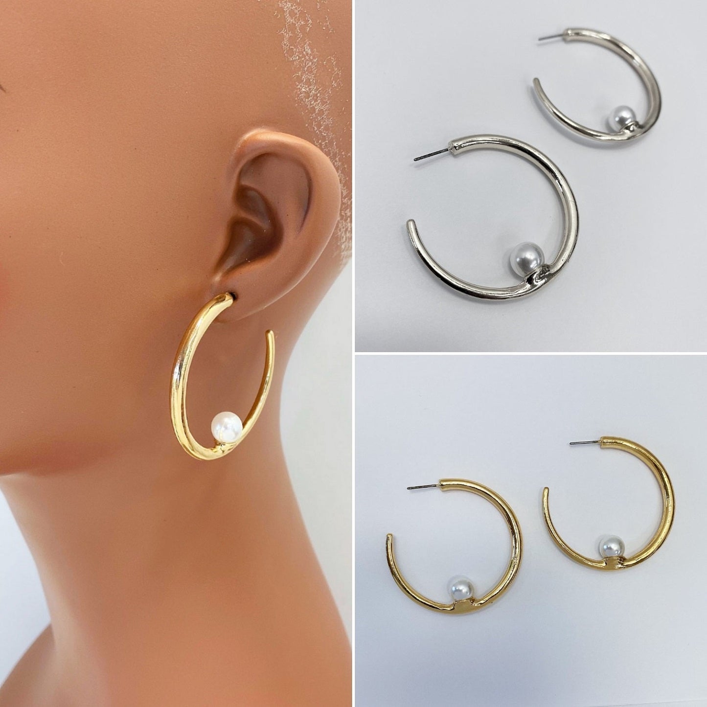 E0938 IE2584 Pearl Accented Open circle Hoop Style Post Earrings
