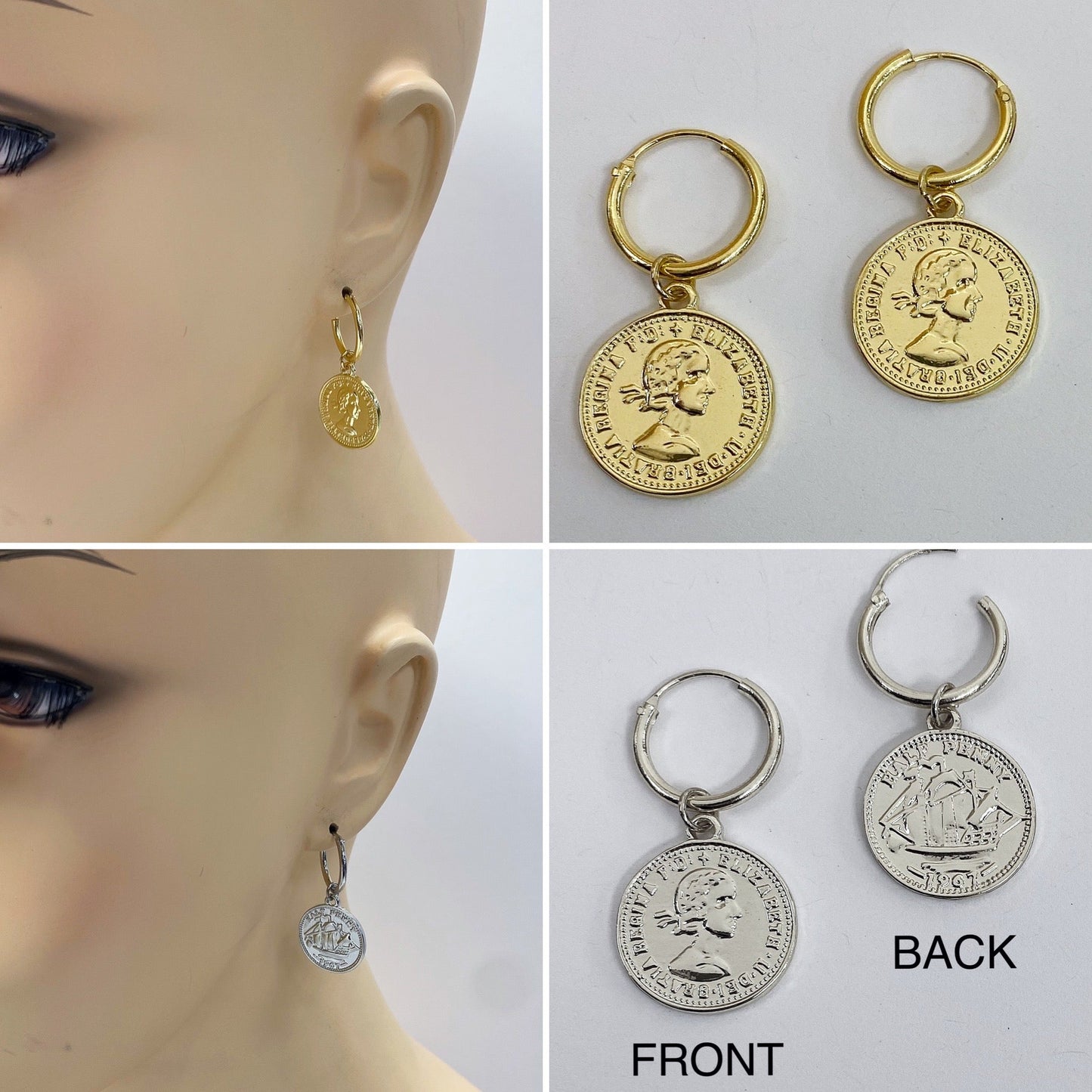E1273 VER5221 Coin Drop Dangle Hoop Earrings