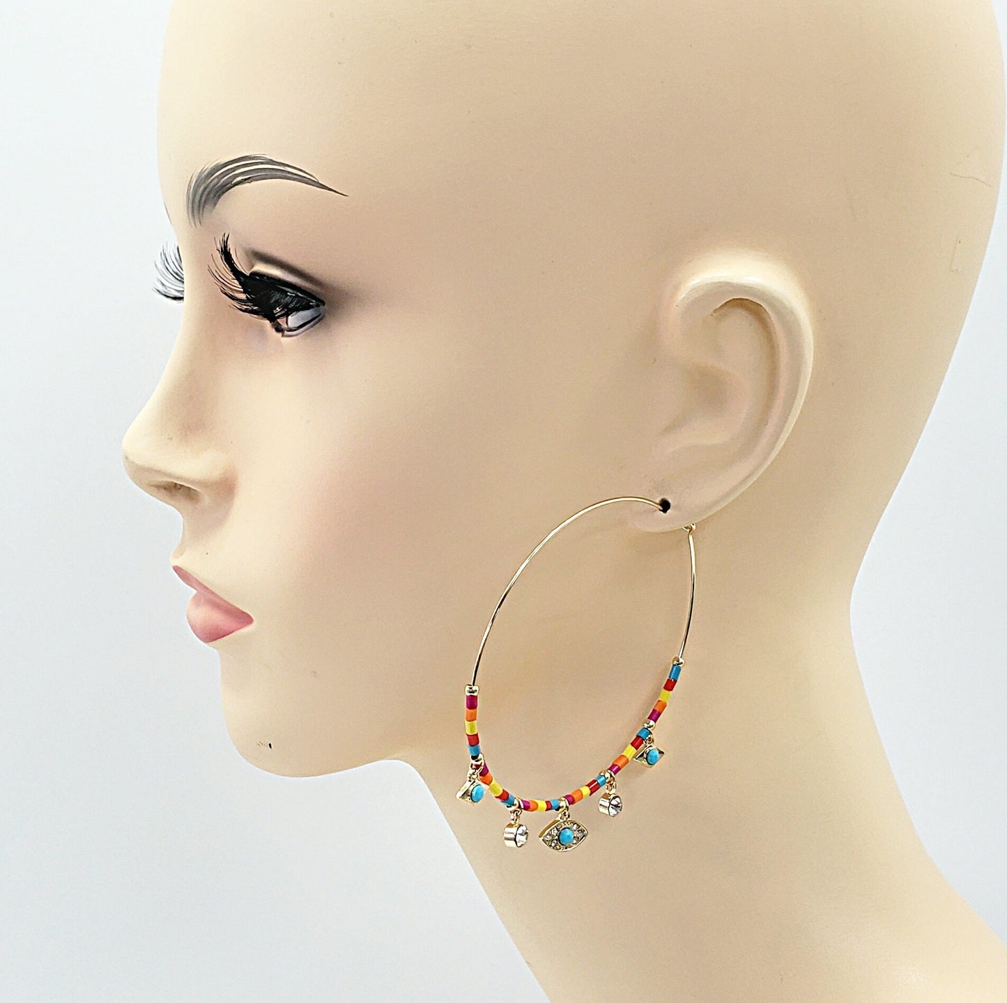 E0701 ELE1993 Evil Eye Designed Charms Decorated Beaded Hoop Earrings