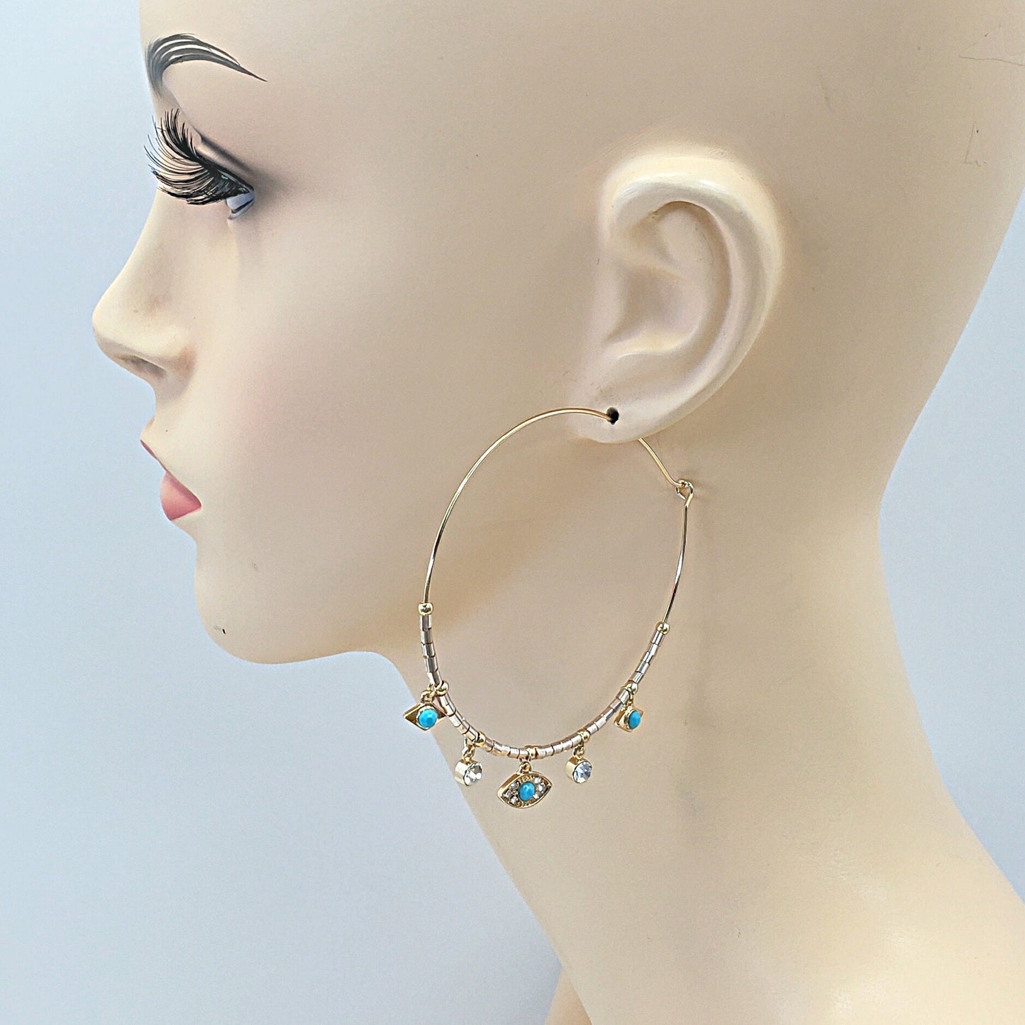 E0701 ELE1993 Evil Eye Designed Charms Decorated Beaded Hoop Earrings