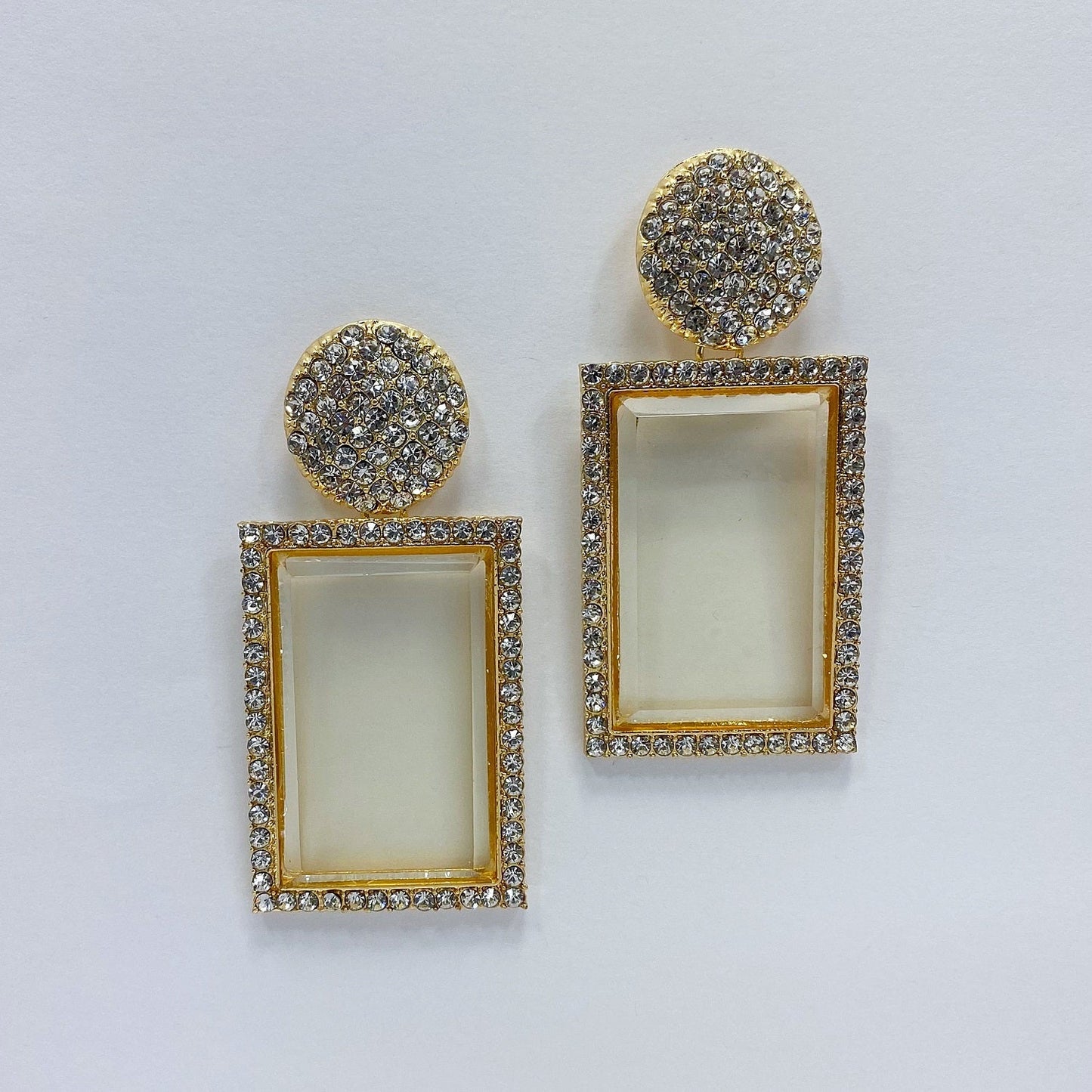 E0827 CCRDEL01 Rhinestones Rectangle Drop Dangle Post Earrings