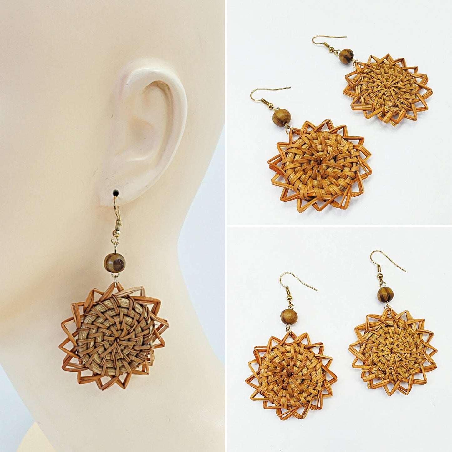 E0732 CCWSE01 Circle Flower Design Shape Drop Dangle Hook Wooden Earrings