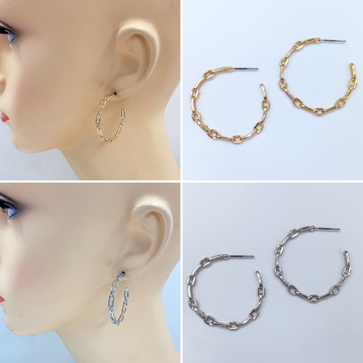 E0939 13-3758 Chain Link Design Metal Open Hoop Earrings
