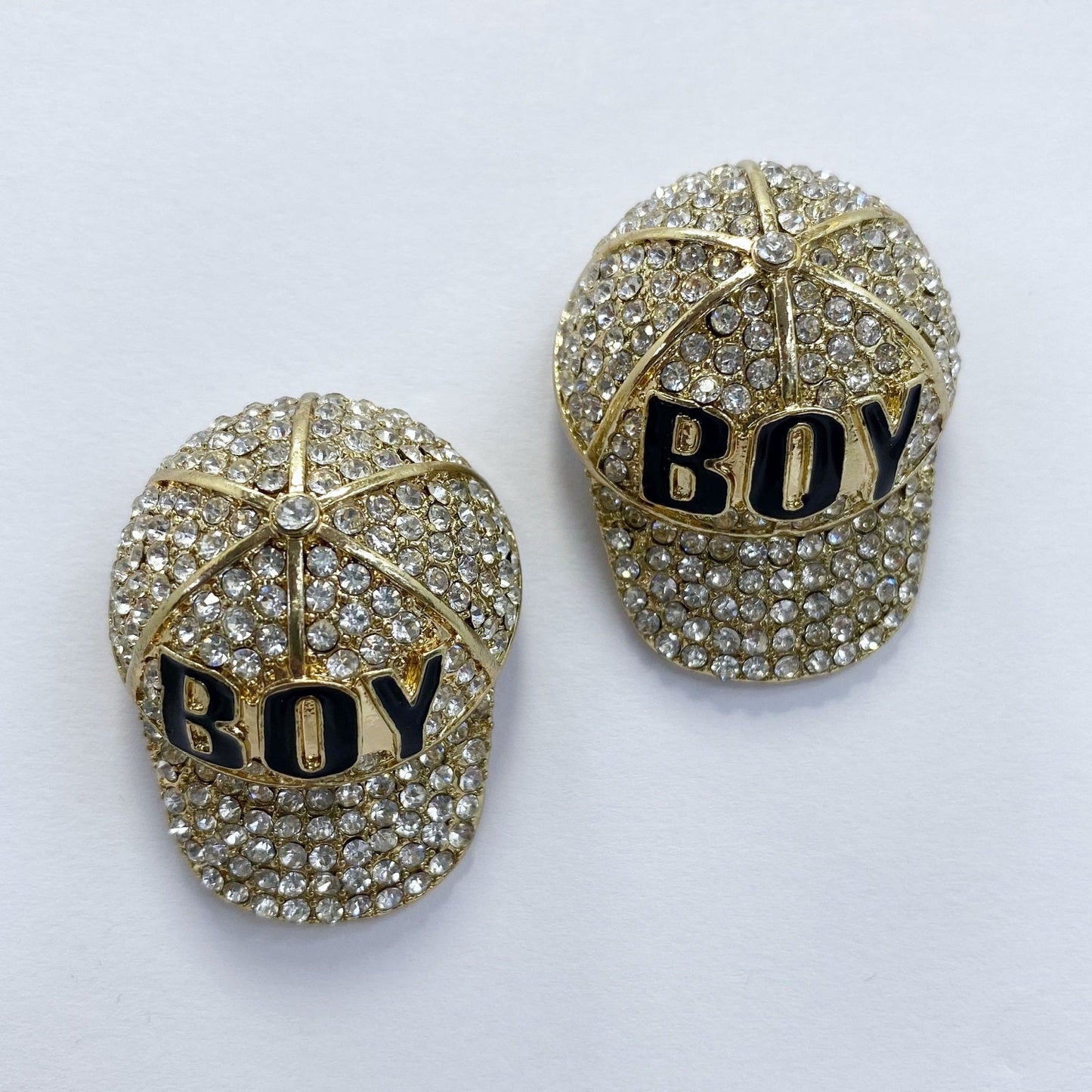 E0898 OE10396 Rhinestones BOY Baseball Cap Stud Style Drop Post Earrings