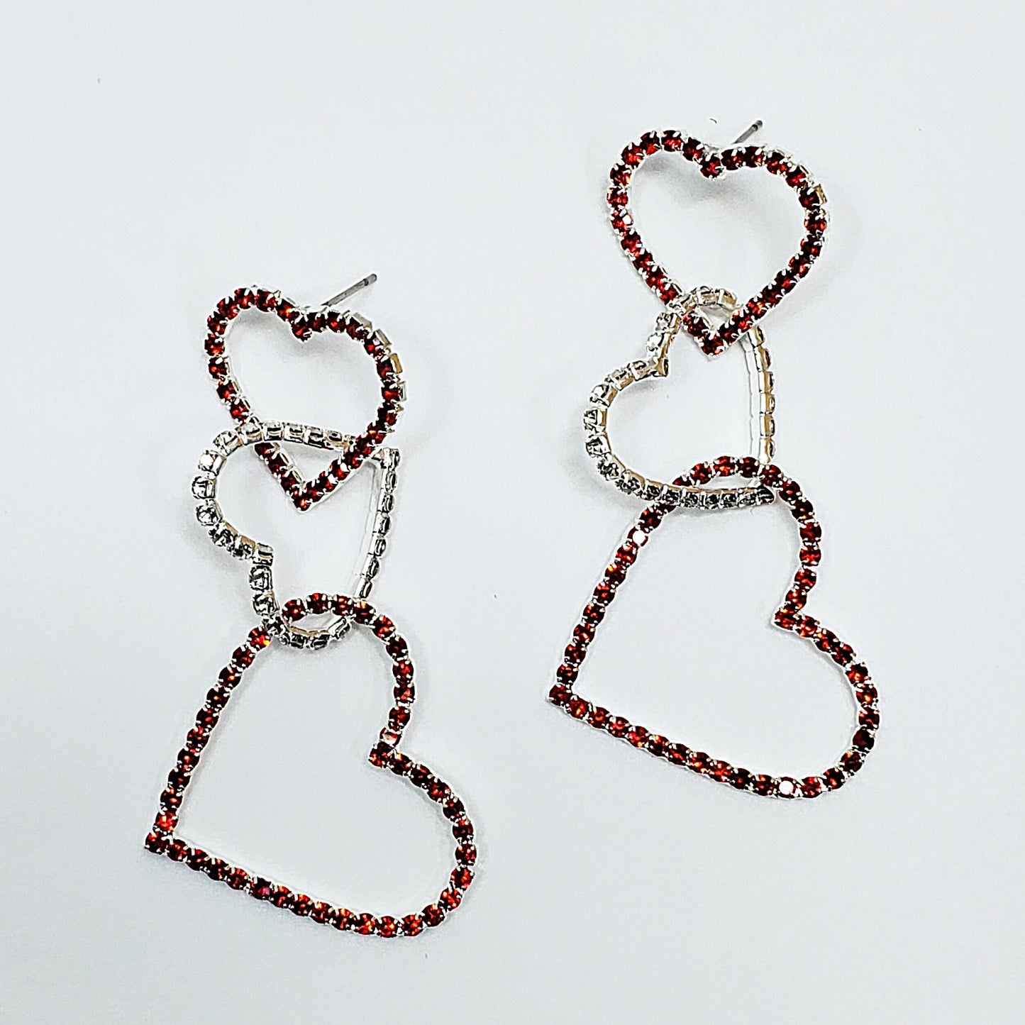 E1024 27006 RHINESTONES HEART LOVE TRIPLE LINK DROP DANGLE POST EARRINGS