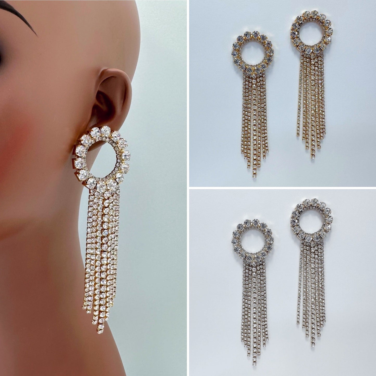 E0807 25981 Rhinestones Circle Tassel Design Drop Dangle Post Earrings