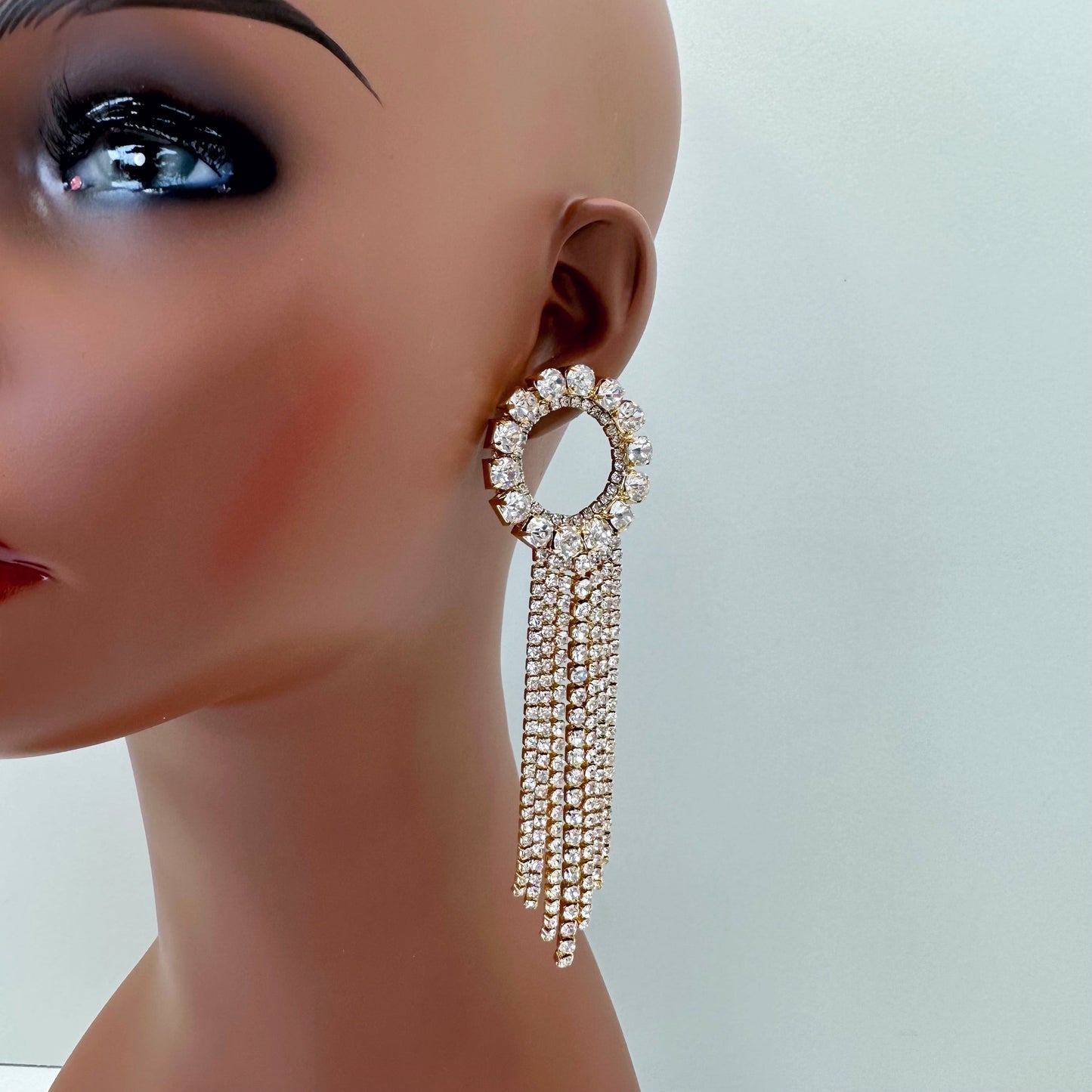 E0807 25981 Rhinestones Circle Tassel Design Drop Dangle Post Earrings