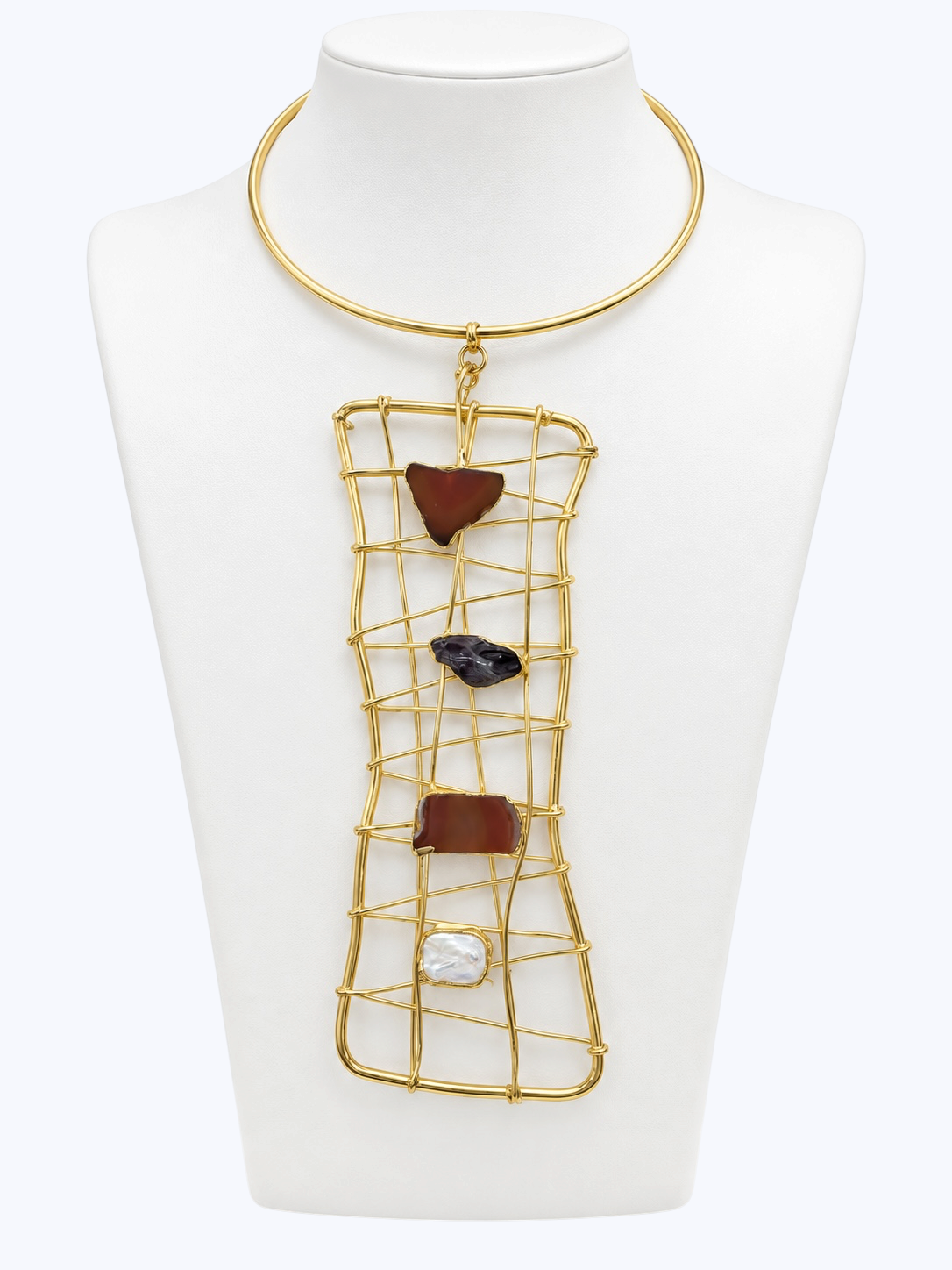 Handmade 14k Gold- Plated Mixed Natural Stone Statement Necklace