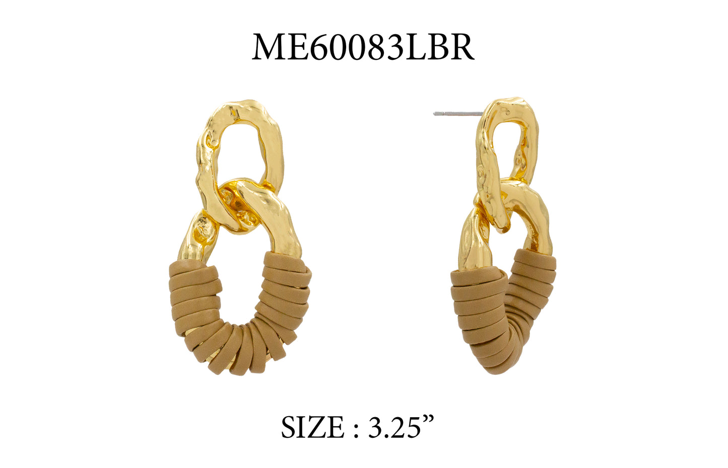 Gold and brown earrings on a white background with product code and size information.