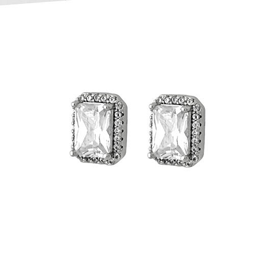Pair of silver square-cut gemstone earrings on a white background