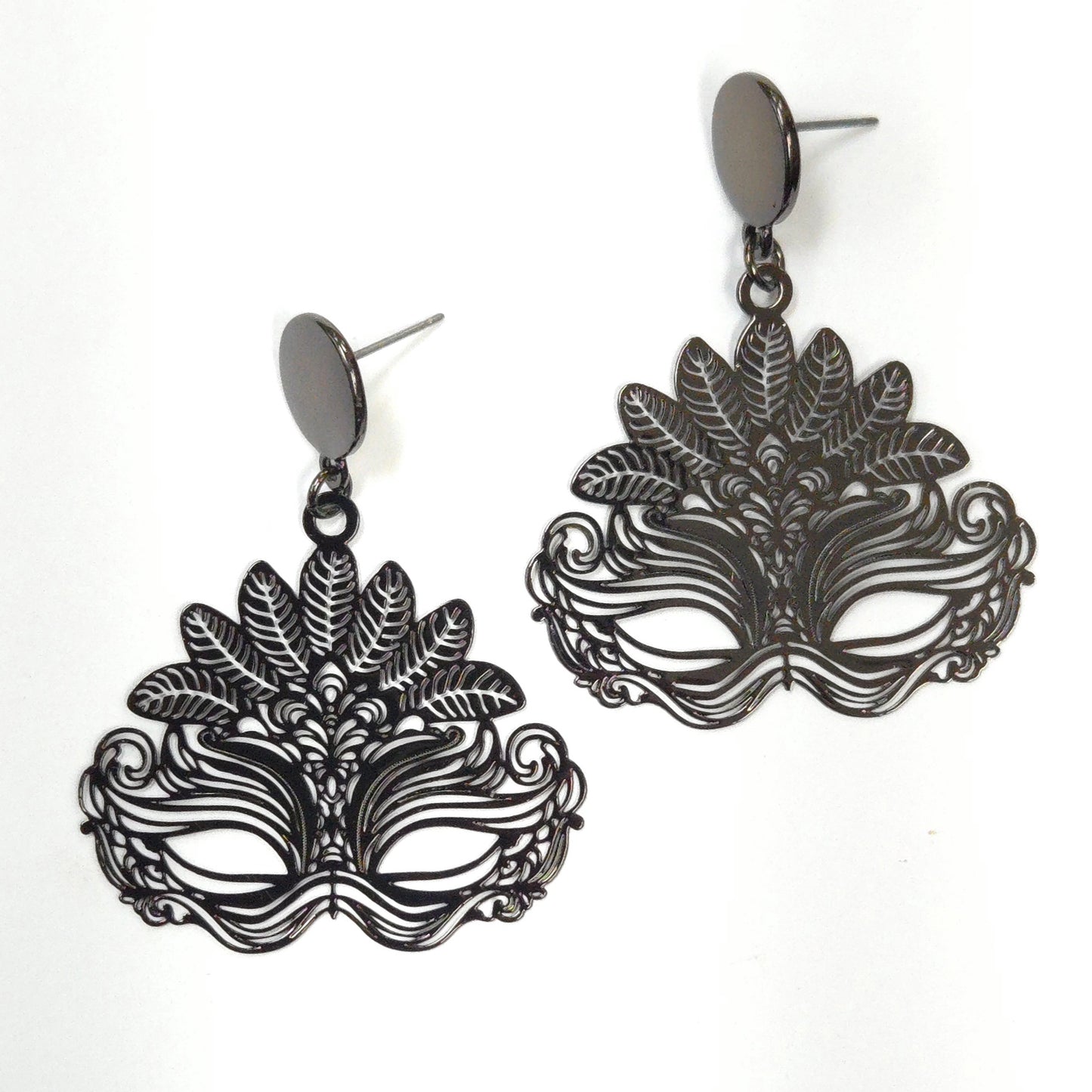 Black mask-shaped earrings on a white background