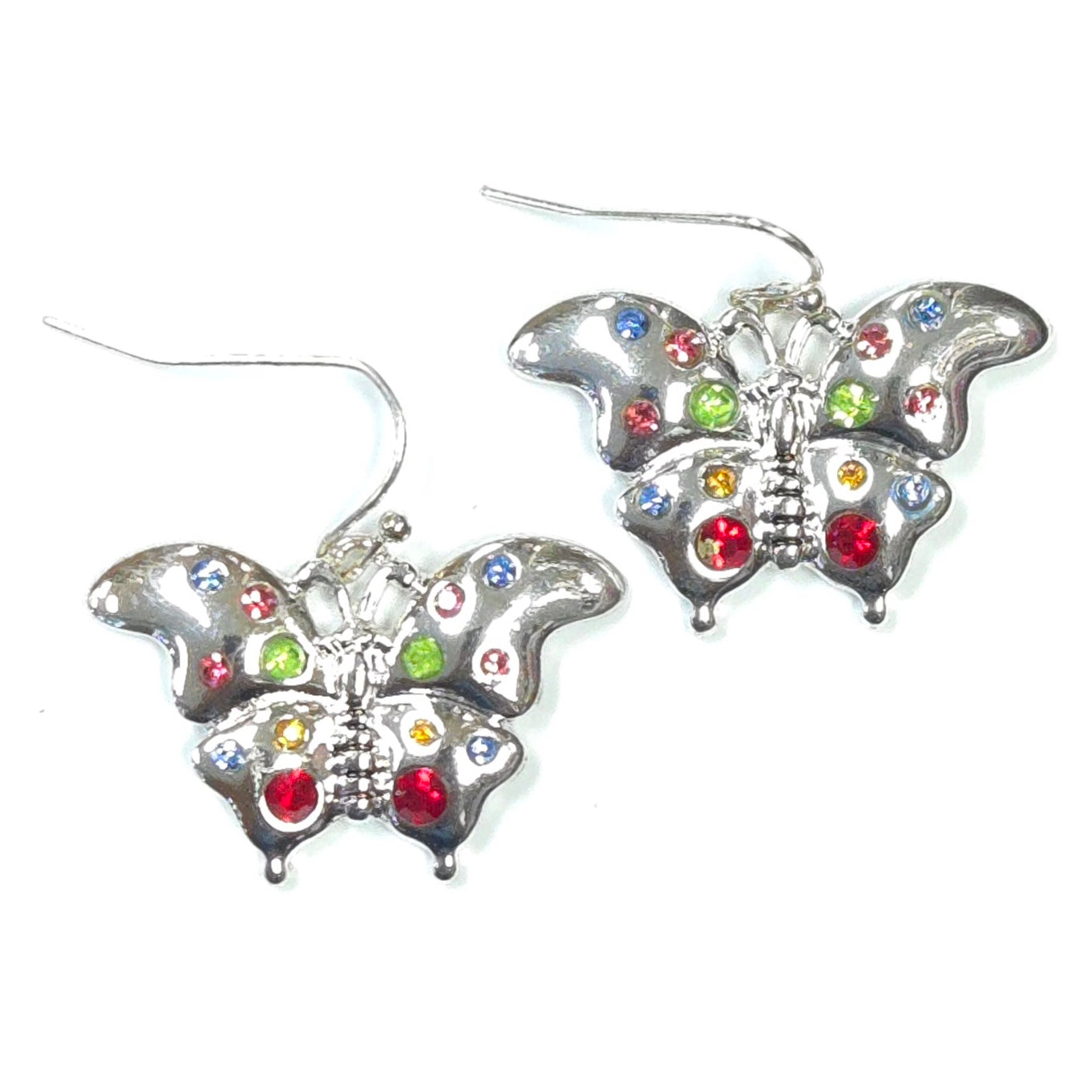 Butterfly-shaped earrings with colorful gemstones on a white background