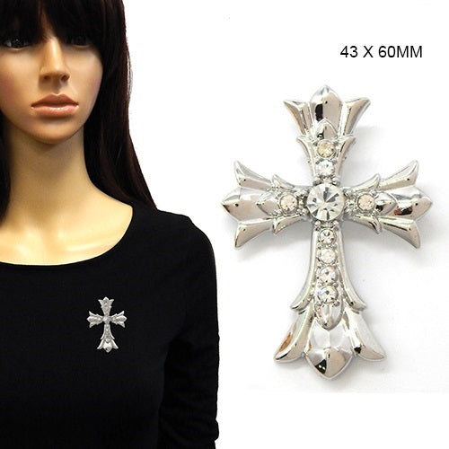 Silver cross brooch on a mannequin and close-up of the brooch with size indication.