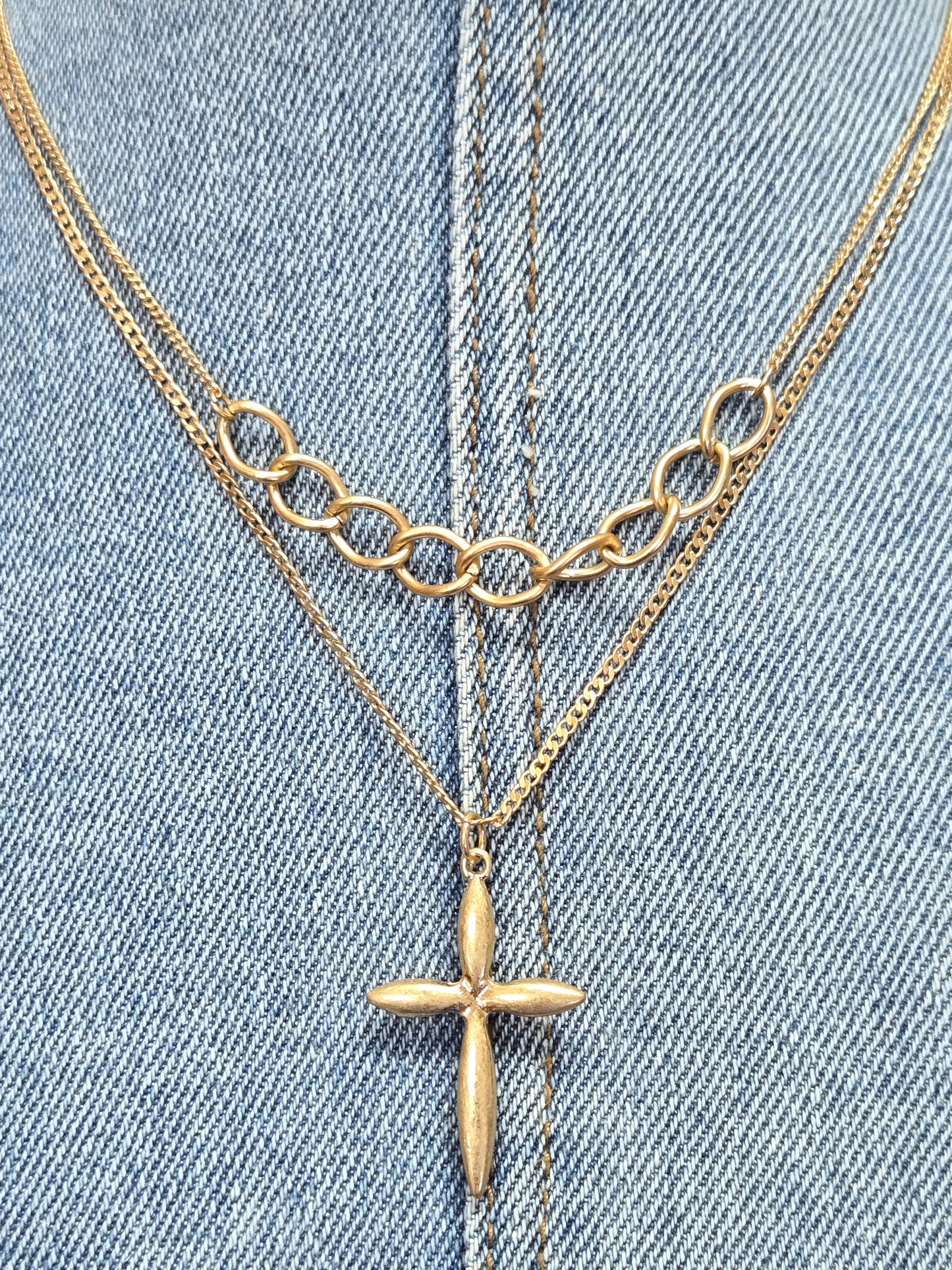N0496 HN4995 Double Layered Cross Shape Pendant Chain Necklace