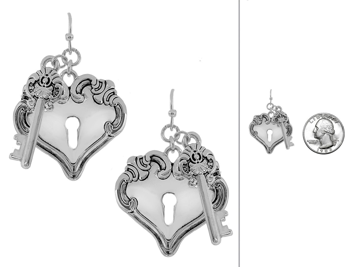 Silver heart-shaped key earrings on a white background