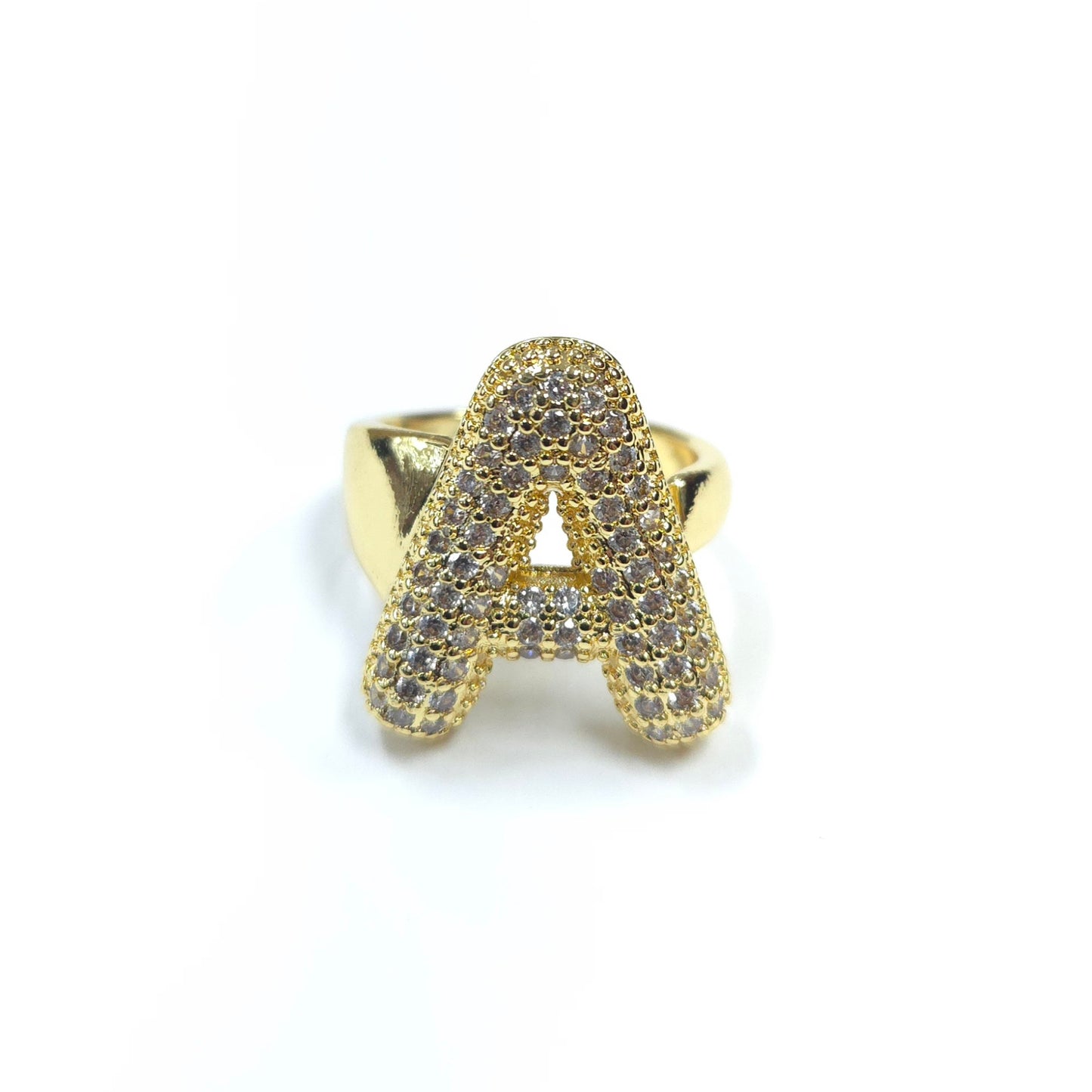 Gold ring with letter 'A' design on a white background