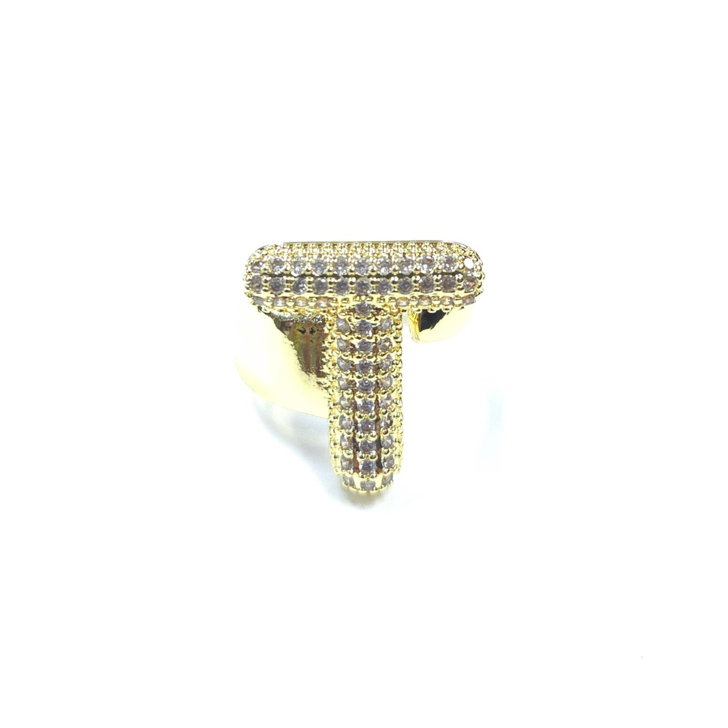 Gold ring with diamond accents on a white background