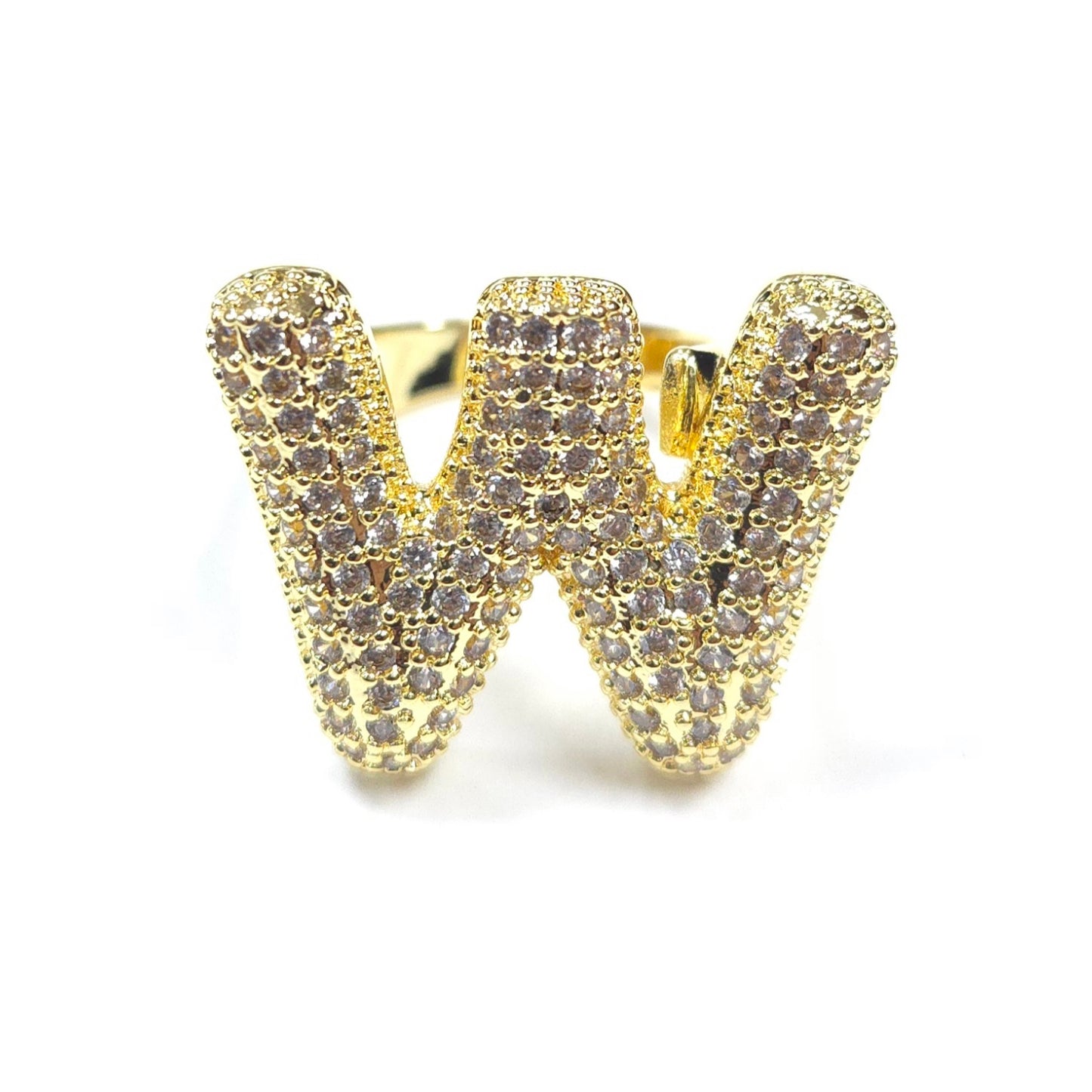 Gold letter 'W' earring with gemstones on a white background