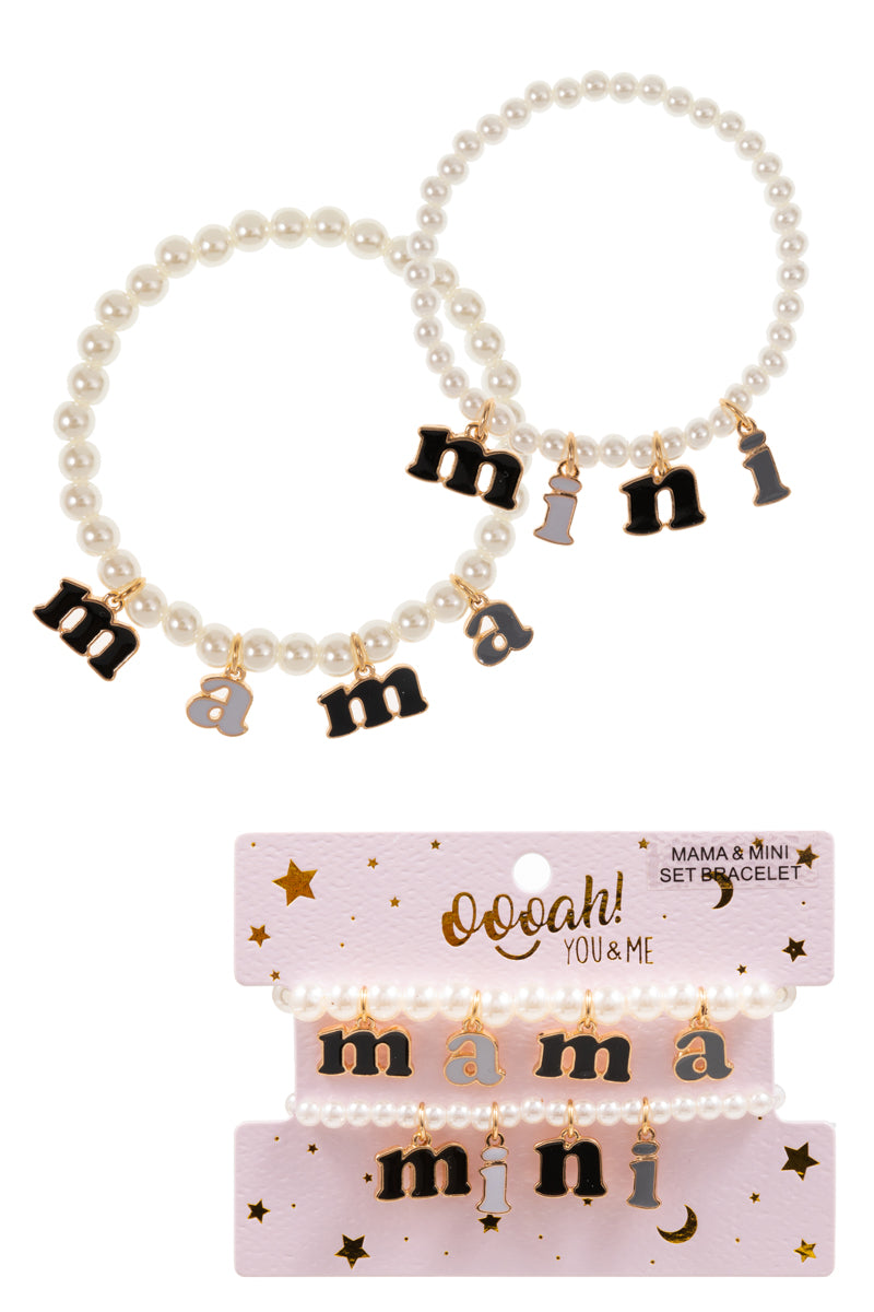 B0155 K7B2050 MINI, MAMA ENAMEL Design Word Charms Dangle PEARL STRETCH 2 BRACELETS SET