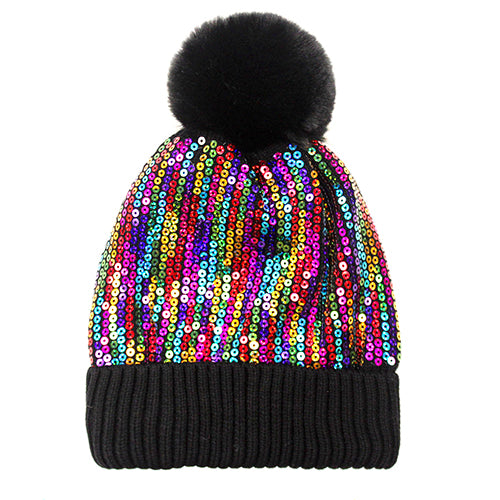 Sequined Pom Pom Beanie | HT0032