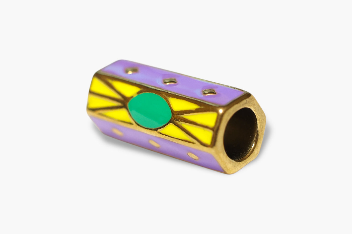 Decorative cylindrical bead with purple, yellow, and green colors on a white background