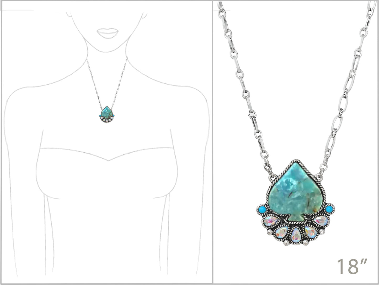 Turquoise pendant necklace with silver chain on a white background