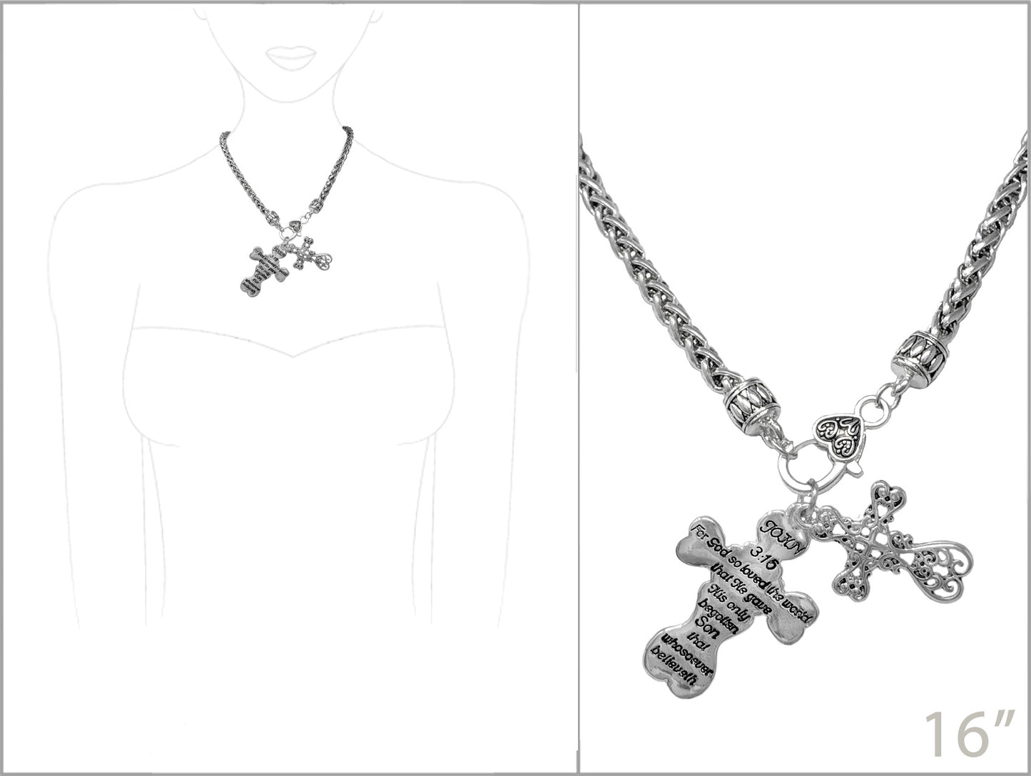 Silver necklace with cross pendant on a white background