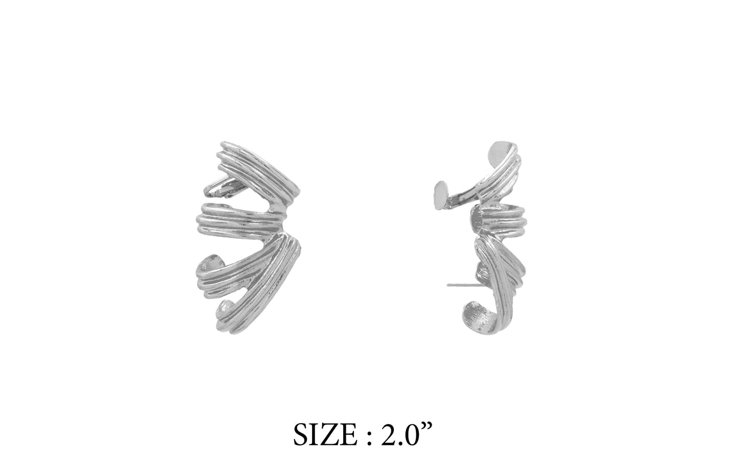 Pair of silver earrings on a white background with size label '2.0”'.