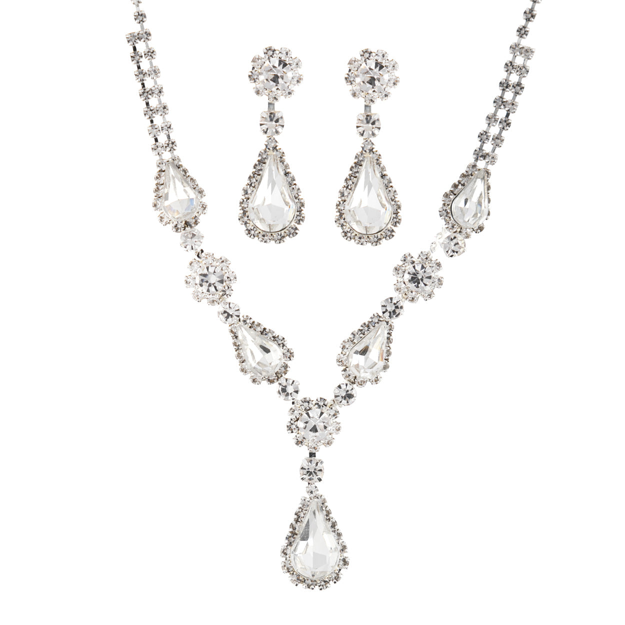Jewelry set with necklace and earrings featuring teardrop-shaped crystals on a white background