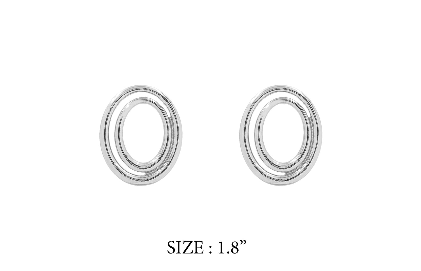 Pair of silver earrings on a white background with size label '1.8"'.