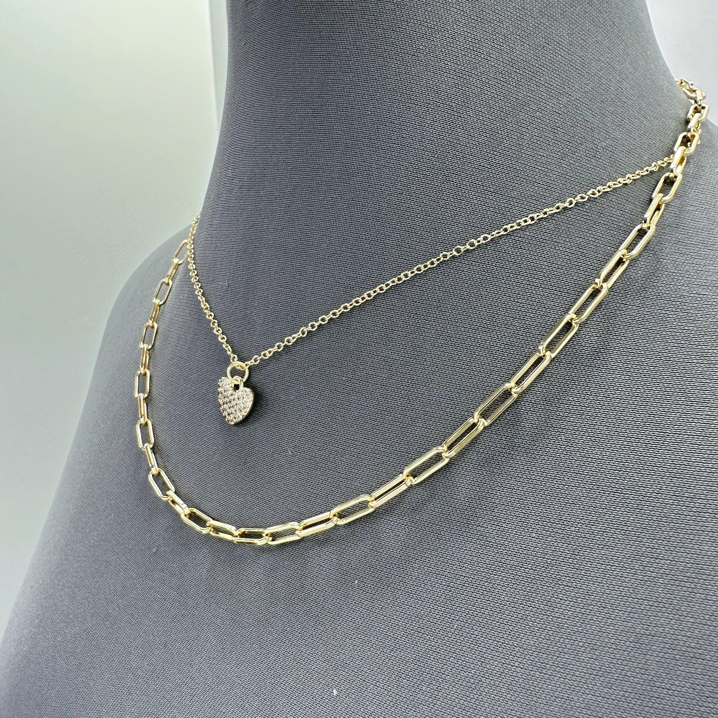 N0316| Rhodium Plated Double chain Heart Necklace| NE8674