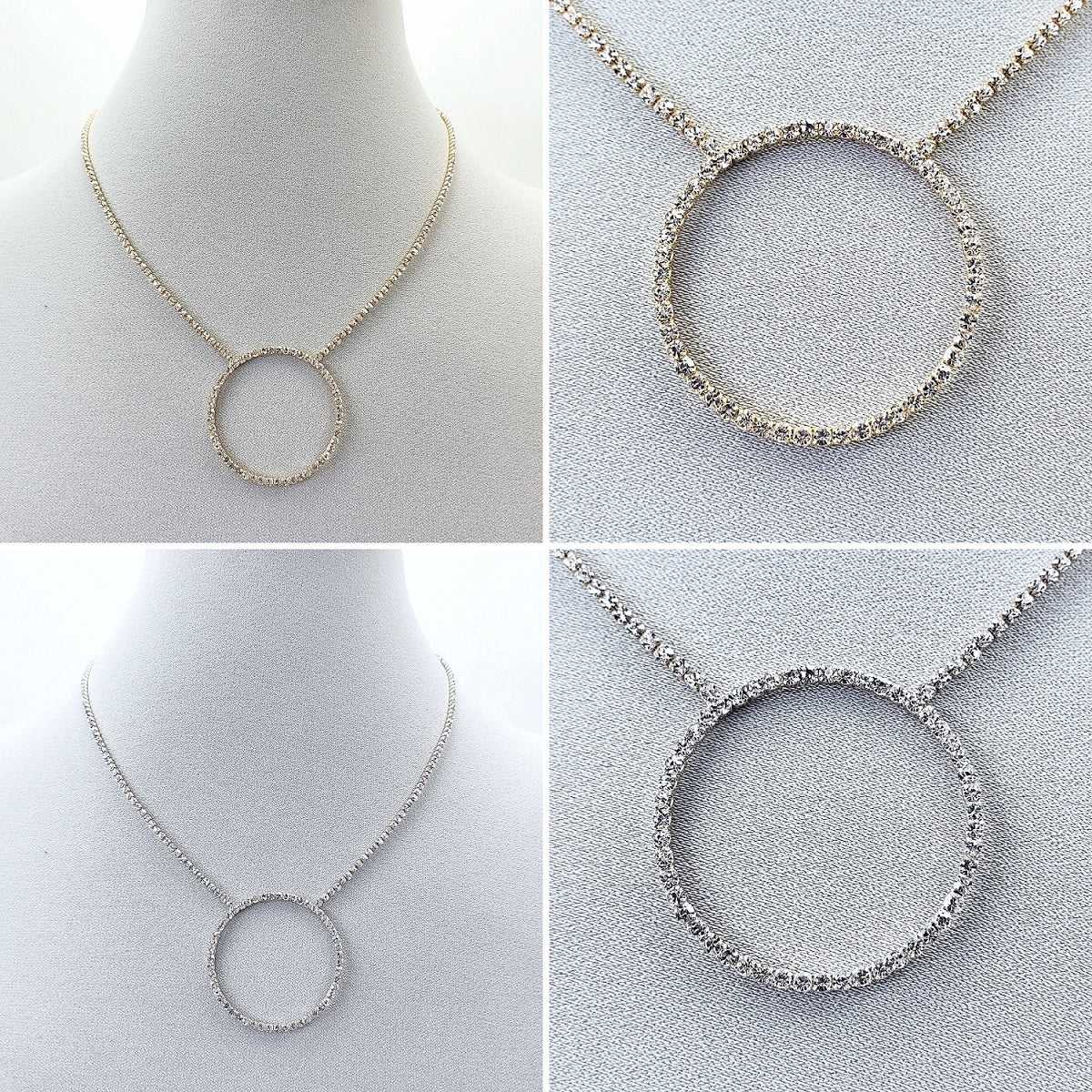 N0339 17174 Rhinestones Decorated Circle Shape Pendant Necklace