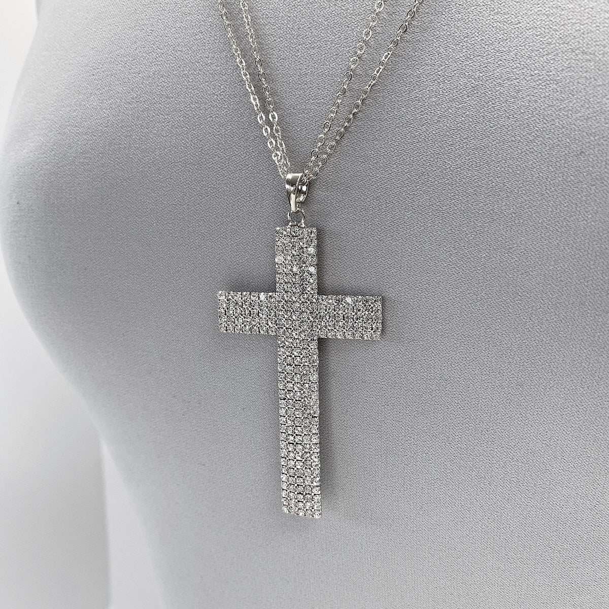 N0383 16901 Clear Rhinestones Decorated Cross Shape Pendant Long Necklace