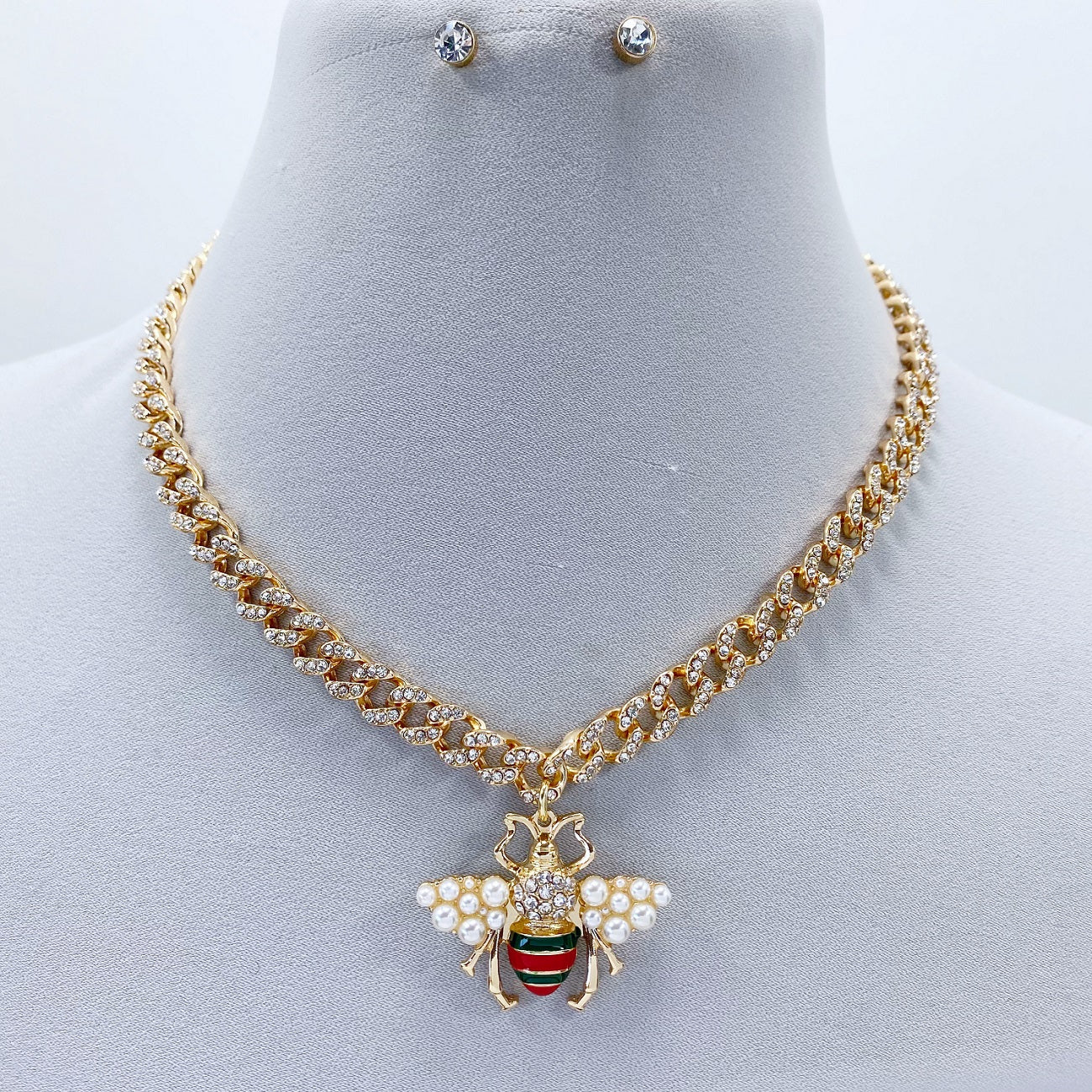 N0484 JCNE2726 Pearl Beads Rhinestones Deco Bee Pendant Necklace