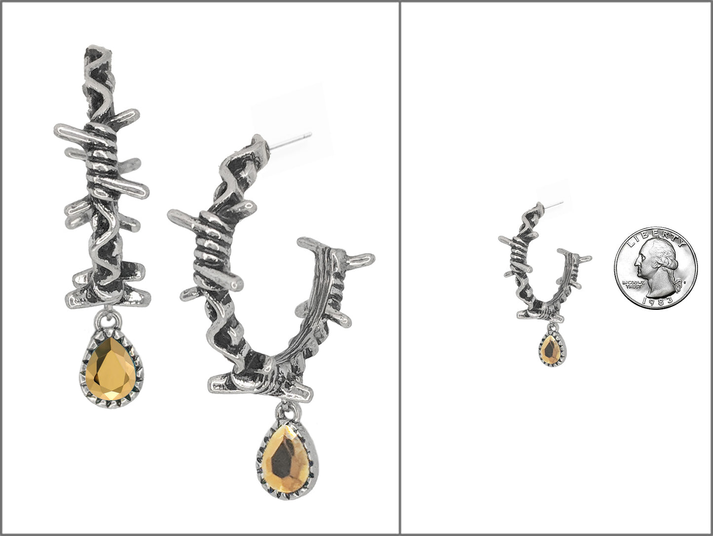 Pair of silver earrings with teardrop-shaped gemstones, shown with a coin for scale.