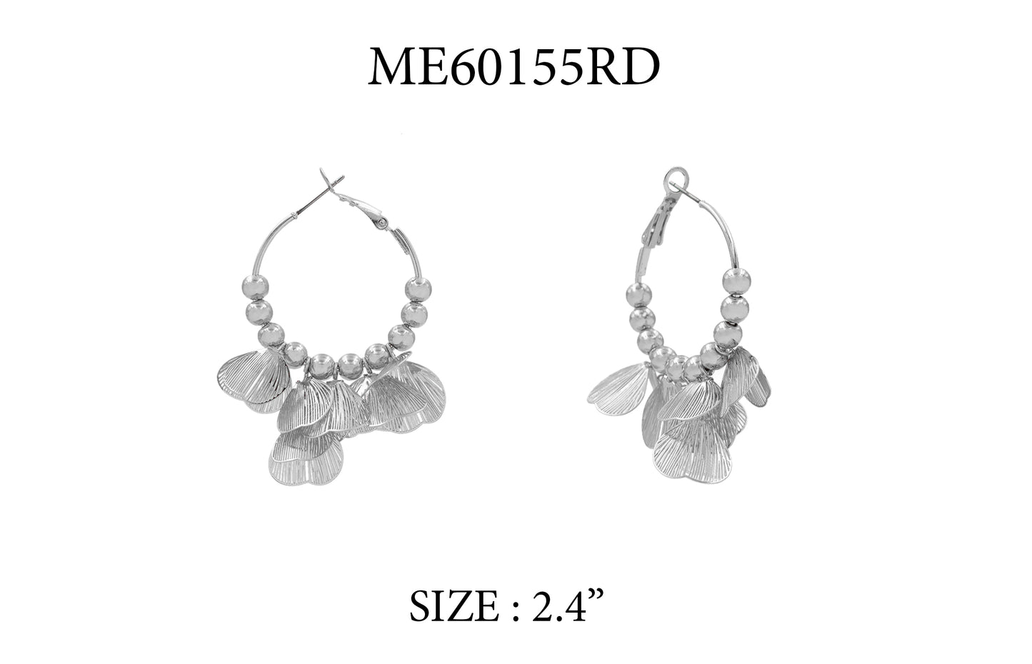 Pair of silver earrings with leaf-like designs on a white background