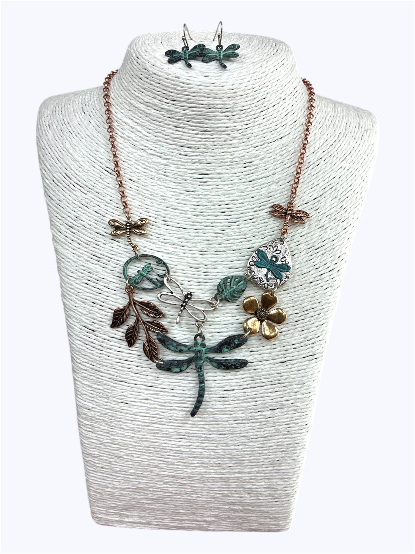 N0425 | Antique Tone Metal Flower Dragonfly Necklace Set | QNE15313